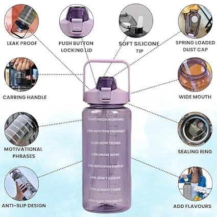 "2 Litre Motivational Water Bottle with Time Marker & Straw | Large BPA-Free Leakproof Sports Gym Bottle for Men & Women | Big Capacity Drinking Water Jug for Fitness, Office & Home"