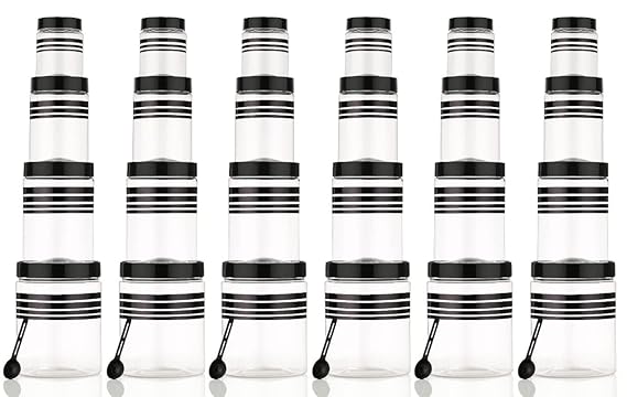 Airtight Plastic Kitchen Storage Container Set with Lids & Spoon | Multipurpose Jar for Cereals, Pulses, Snacks & Spices | Food Grade & BPA Free (Set of 24, Black Stripes)