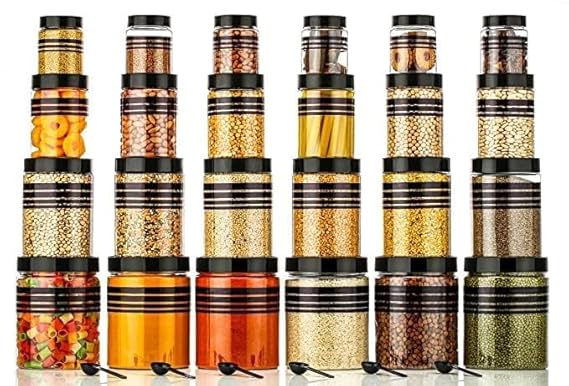 Airtight Plastic Kitchen Storage Container Set with Lids & Spoon | Multipurpose Jar for Cereals, Pulses, Snacks & Spices | Food Grade & BPA Free (Set of 24, Black Stripes)