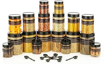 Airtight Plastic Kitchen Storage Container Set with Lids & Spoon | Multipurpose Jar for Cereals, Pulses, Snacks & Spices | Food Grade & BPA Free (Set of 24, Black Stripes)